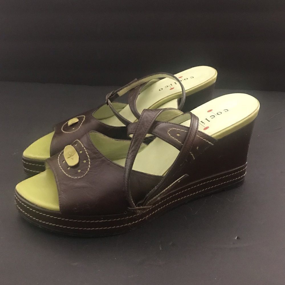 Coclico green brown wedge ankle wrap sandals 6